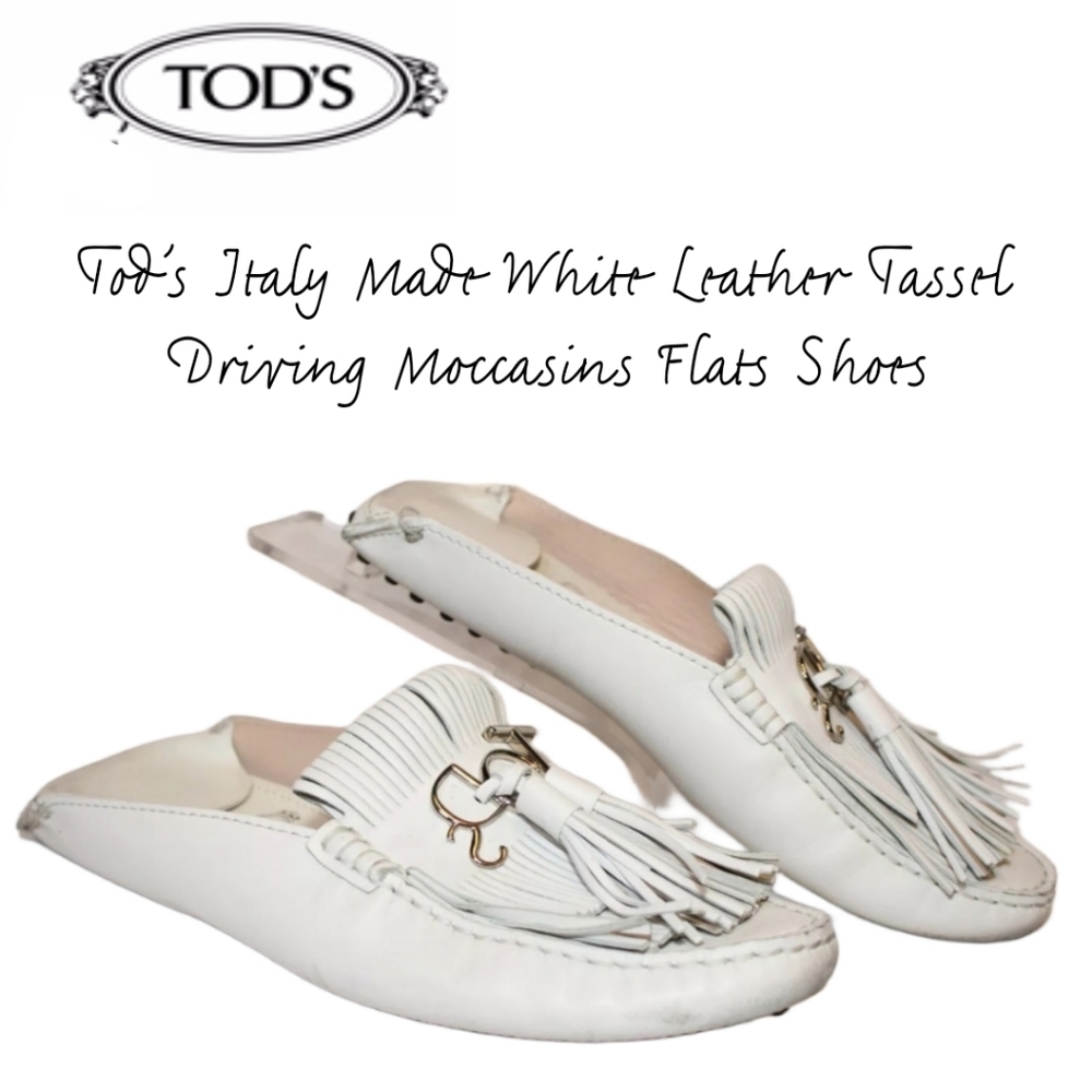 Tod's Italy Made 37 7 White Leather Tassel Driving Moccasins Flats Shoes